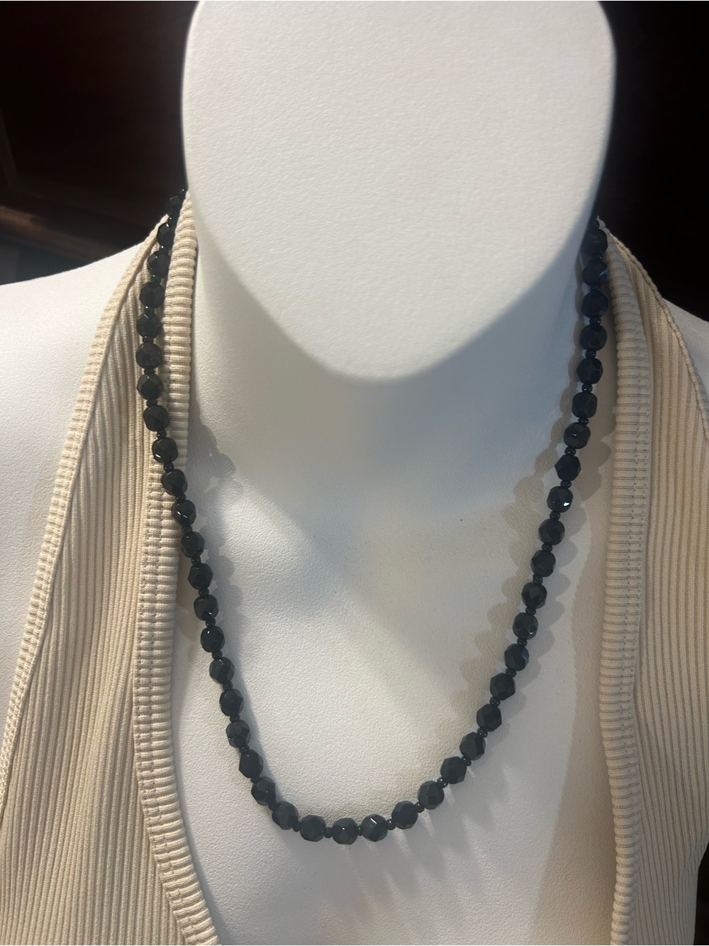 Vintage Black Faceted Graduated Bead Necklace, 19"